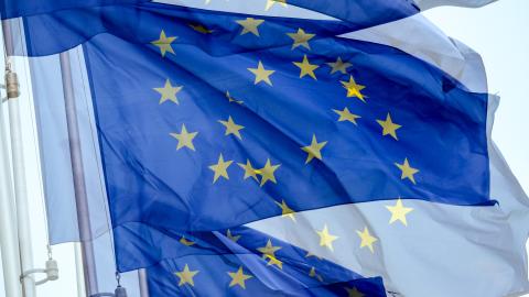 European Union flags are seen at the headquarters of the European Commission in Brussels on July 14, 2025. (Getty Images)