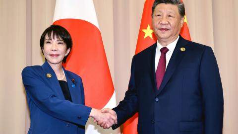 Japanese Prime Minister Sanae Takaichi and Chinese President Xi Jinping shake hands on October 31, 2025, in Gyeongju, South Korea. (Getty Images) Share to Twitter