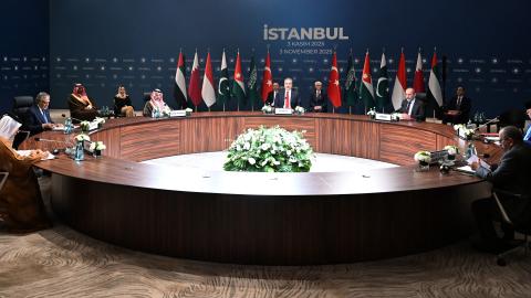 Foreign ministers from Qatar, Pakistan, Saudi Arabia, Turkey, Jordan, Indonesia, and the United Arab Emirates discuss the Gaza peace plan in Istanbul on November 3, 2025. (Getty Images)