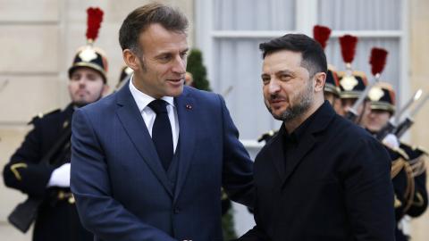 French President Emmanuel Macron welcomes Ukrainian President Volodymyr Zelensky on November 17, 2025, in Paris, France. (Getty Images)