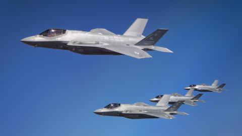 U.S. Air Force F-35A Lightning IIs and Israeli Air Force F-35I Adirs fly in formation during exercise Enduring Lightning III over Israel, Oct. 12, 2020. The United States and Israeli air forces train to maintain a ready posture to deter against regional aggression while forging strategic partnerships across the U.S. Central Command and U.S. European Command areas of responsibility. (U.S. Air Force photo by Senior Airman Duncan C. Bevan)