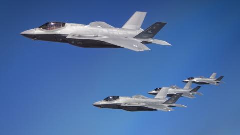 U.S. Air Force F-35A Lightning IIs and Israeli Air Force F-35I Adirs fly in formation during exercise Enduring Lightning III over Israel, Oct. 12, 2020. The United States and Israeli air forces train to maintain a ready posture to deter against regional aggression while forging strategic partnerships across the U.S. Central Command and U.S. European Command areas of responsibility. (U.S. Air Force photo by Senior Airman Duncan C. Bevan)