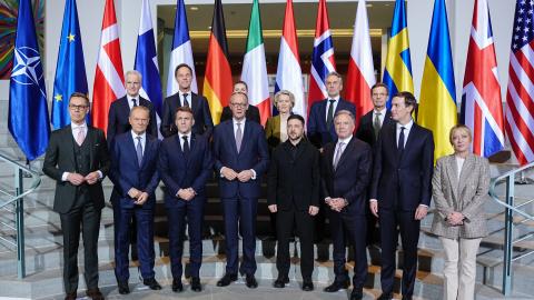 European Leaders, NATO Secretary General Mark Rutte, and Ukrainian President Volodymyr Zelenskyy pose for a family photo on December 15, 2025, at the Chancellery in Berlin, Germany. (Getty Images) Share to Twitter