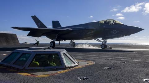 An F-35C Lightning II launches from the flight deck of the USS Abraham Lincoln on October 2, 2025, in the Pacific Ocean. (US Navy)