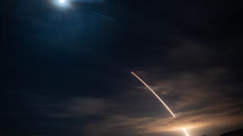 An unarmed Minuteman III Intercontinental Ballistic Missile launches during an operational test at 01:35 a.m Pacific Time Nov. 5, 2025, at Vandenberg Space Force Base, Calif. ICBM systems require regular testing to verify system performance and identify any potential issues. Data gathered from Glory Trip 254 helps to identify and mitigate potential risks, ensuring the continued accuracy and reliability of the ICBM force. (U.S. Space Force photo by Tech. Sgt. Draeke Layman)