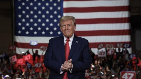President Donald Trump arrives on stage during a town hall campaign event at the Lancaster County Convention Center on October 20, 2024, in Lancaster, Pennsylvania. (Getty Images)