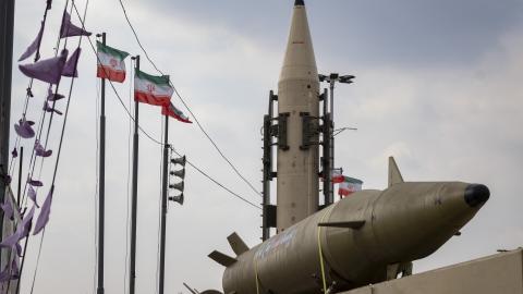 Two Iran-made ballistic missiles are displayed at Azadi Square during a rally commemorating the 46th anniversary of the victory of Iran's 1979 Islamic Revolution in western Tehran, Iran, on February 10, 2025. The Iranian Islamic Revolution, which leads to the overthrow of the Pahlavi dynasty in 1979, replaces the Imperial State of Iran with the present-day Islamic Republic of Iran. (Photo by Morteza Nikoubazl/NurPhoto via Getty Images)