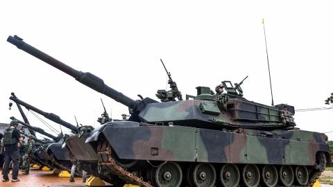 US-made M1A2T Abrams tanks are seen during a live-fire shooting session for Taiwan’s first batch of the advanced tank in Hsinchu, Taiwan, on July 10, 2025. (Getty Images)