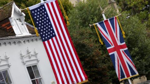 Union Jack and United States flags are displayed ahead of a state visit by the US President and his wife, in Windsor, west of London, on September 15, 2025. Donald Trump is the first president ever to be invited for a second state visit, having been hosted by Queen Elizabeth II in 2019, during his first White House term. (Photo by Toby Shepheard / AFP) (Photo by TOBY SHEPHEARD/AFP via Getty Images)