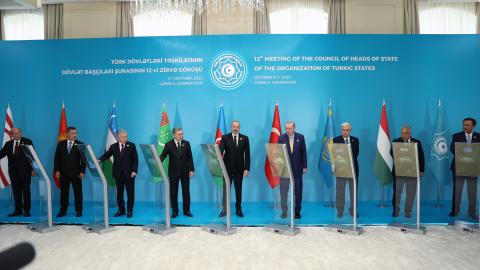 Heads of state of the Organization of Turkic States are seen at the Heydar Aliyev Congress Center in Gabala, Azerbaijan, on October 7, 2025. (Getty Images)