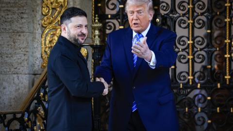 President Donald Trump greets Ukrainian President Volodymyr Zelenskyy at Mar-a-Lago on December 28, 2025, in Palm Beach, Florida. (Getty Images)