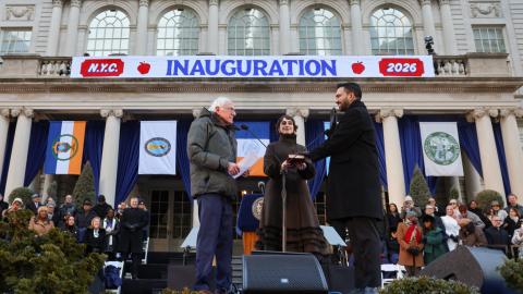 Sen. Bernie Sanders swears in Zohran Mamdani as New York City mayor as Mamdani’s wife Rama Duwaji looks on at City Hall on January 1, 2026, in New York, NY. (Getty Images)