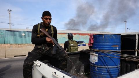Members of Cuadrantes De La Paz patrol the surroundings of the Port of La Guaira after explosions and low-flying aircraft were heard on January 3, 2026, in La Guaira, Venezuela. (Getty Images)