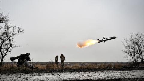 A soldier fires a third-generation Javelin man-portable anti-tank missile system during a professional training session in Ukraine, on January 7, 2026. (Getty Images) Share to Twitter