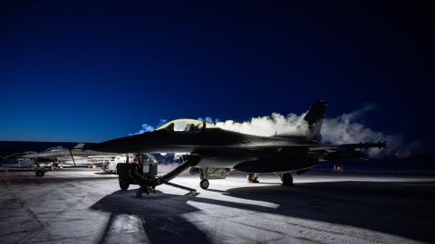 F-16 Fighting Falcon aircrafts are prepared for a mission during Operation Noble Defender at Pittufik Space Base in Greenland on January 30, 2025. (US Air Force)