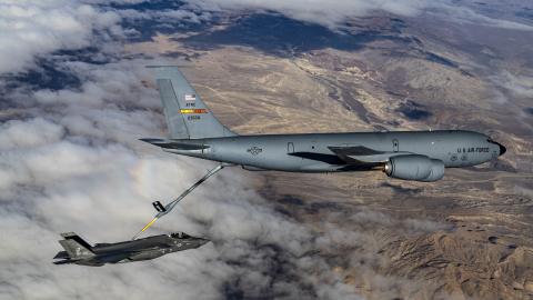 An F-35A receives fuel from a KC-135 Stratotanker over California on August 5, 2024. (DVIDS)