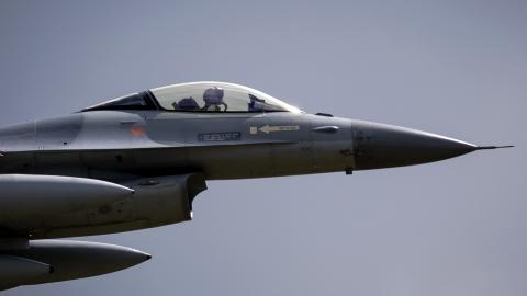 An F-16 fighter jet leaves Volkel Air Base in the Netherlands for Ukraine on May 26, 2025. (Getty Images)
