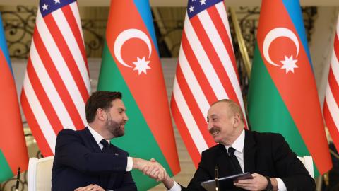 Vice President JD Vance and Azerbaijani President Ilham Aliyev shake hands at the Zagulba Presidential Residence on February 10, 2026 in Baku, Azerbaijan. (Getty Images)