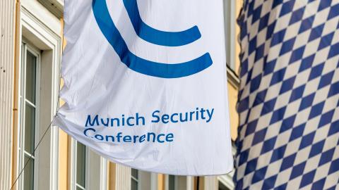 The emblem of the security conference and the inscription "Munich Security Conference" can be seen on a flag on the facade of the Bayerischer Hof in Munich (Bavaria, Germany) on February 12, 2026. The 62nd Munich Security Conference (MSC) will take place from February 13 to 15, 2026 at the Hotel Bayerischer Hof in Munich. The MSC is the world's leading forum for debates on international security policy. Photo: Matthias Balk/dpa (Photo by Matthias Balk/picture alliance via Getty Images)