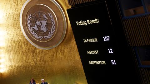 A screen displays the voting results approving a draft resolution during the United Nations General Assembly meeting in New York, on February 24, 2026. (Getty Images) Share to Twitter