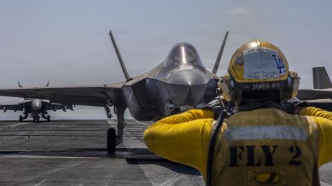 An F-35C Lightning II prepares to launch from the flight deck of the USS Abraham Lincoln in support of Operation Epic Fury on March 2, 2026. (US Navy)
