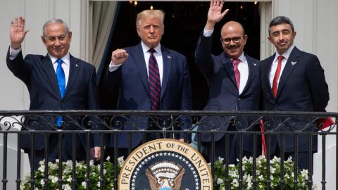 Israeli Prime Minister Benjamin Netanyahu, President Donald Trump, Bahrain Foreign Minister Abdullatif al-Zayani, and UAE Foreign Minister Abdullah bin Zayed Al-Nahyan wave from the Truman Balcony after signing the Abraham Accords in Washington, DC, on September 15, 2020. (Getty Images)