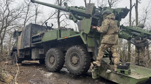 Ukrainian artillerymen aim CAESAR self-propelled howitzer near Pokrovsk on February 12, 2026, in Donetsk Oblast, Ukraine. (Getty Images)