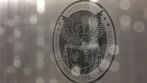 The seal for the Federal Communications Commission in the briefing room at FCC headquarters on February 18, 2026, in Washington, DC. (Getty Images)