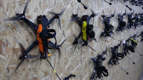  FPV training drones are seen on a wall at the Killhouse Academy drone training center on March 04, 2026 in Kyiv, Ukraine. After four years of Russia's large-scale war against Ukraine, the initial battle of artillery, mechanized columns and defensive trenches have given way to drone-versus-drone warfare, obliterating conventional notions of frontlines and creating vast "kill zones" that expose soldiers, medics and civilians to enemy fire. (Getty Images)