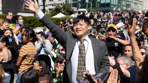 Arthur Liu at a rally celebrating his daughter Alysa Liu's Olympic gold medal at the Milano Cortina 2026 Olympics on March 12, 2026, in Oakland, California. (Getty Images)