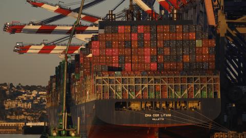 A container ship is seen docked at the Port of Los Angeles on March 13, 2026 in Los Angeles, California. (Getty Images) Share to Twitter