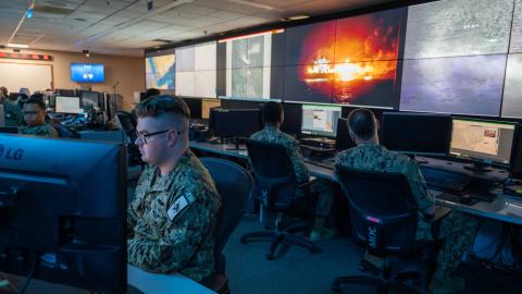  Sailors stand watch in U.S. Naval Forces Central Command’s (NAVCENT) maritime operations center in Manama, Bahrain, Jan. 29. NAVCENT/U.S. 5th Fleet’s area of operations encompasses about 2.5 million square miles of water area and includes the Arabian Gulf, Red Sea, Gulf of Oman, Gulf of Aden, Arabian Sea and parts of the Indian Ocean. This expanse, comprising 21 nations, includes three critical choke points at the Strait of Hormuz, the Suez Canal and the Bab al-Mandeb. (U.S. Navy photo by Mass Communicatio