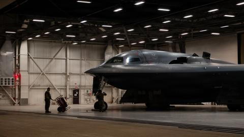 U.S. Airmen conduct preflight operations prior to a B-2 Spirit stealth bomber departing base in the U.S. Strategic Command area of responsibility in support of Operation Epic Fury, March 29, 2026. (U.S. Air Force photo)