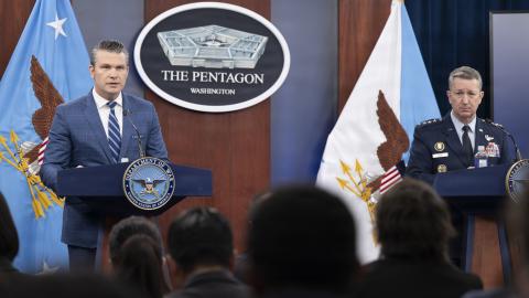 Secretary of War Pete Hegseth and Chairman of the Joint Chiefs of Staff U.S. Air Force Gen. Dan Caine conduct a press briefing on Operation Epic Fury at the Pentagon, Washington, D.C., April 8, 2026. (DoW photo by U.S. Navy Petty Officer 1st Class Eric Brann)