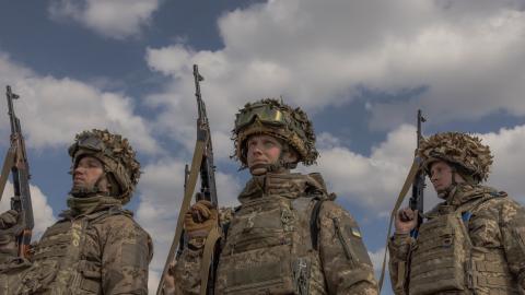 UMSR April 1, 2026 Ukrainian recruits of Air Assault Forces complete a basic military training in a training center, on March 27, 2026. (Getty Images) Share to Twitter