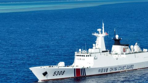 An aerial drone photo shows the China Coast Guard CCG vessel Sandu patrolling near a reef in the South China Sea on March 24, 2026. (Getty Images)