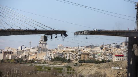 A view of the damaged B1 bridge, a day after it was destroyed by an airstrike, on April 3, 2026 west of Tehran in Karaj, Iran. Iranian authorities said eight people were killed and almost 100 injured when the bridge, was bombed yesterday. The United States and Israel have continued their joint attack on Iran that began on February 28. Iran retaliated by firing waves of missiles and drones at Israel and U.S. allies in the region, while also effectively blockading the Strait of Hormuz, a critical shipping rou