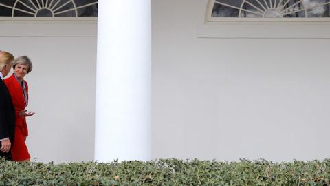 British Prime Minister Theresa May with U.S. President Donald Trump walk along The Colonnade at The White House on January 27, 2017 in Washington, DC. (Christopher Furlong/Getty Images)