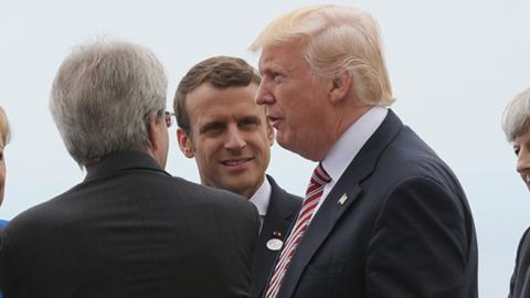 Angela Merkel, Emmanuel Macron, Donald Trump, and Theresa May at the G7 summit, Sicily, May 26, 2017 (MANDEL NGAN/AFP/Getty Images)