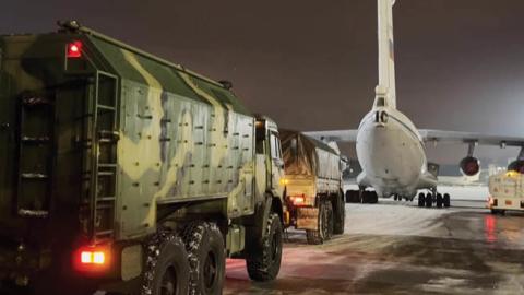 Russian military aircraft taking off from the Ivanovo military base outside Moscow, Russia, on January 6, 2022. (Getty Images)