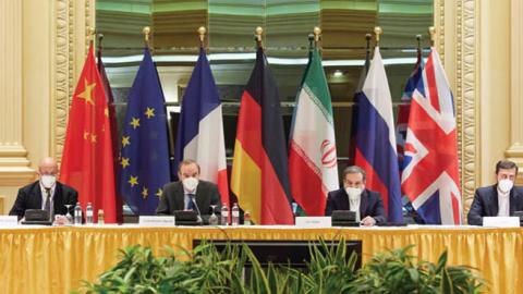 The Joint Comprehensive Plan of Action meeting held to discuss the full implementation of the Iran nuclear deal and the return of the United States to the deal in Vienna, Austria, on April 15, 2021. (Getty Images)