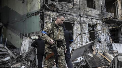 A view of destruction after an apartment building was hit by a Russian attack in Kyiv, Ukraine, on March 14, 2022. (Getty Images)