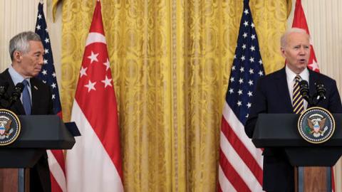 U.S. President Joe Biden delivers remarks alongside Prime Minister Lee Hsien Loong of Singapore in the East Room of the White House on March 29, 2022, in Washington, DC. (Getty Images)