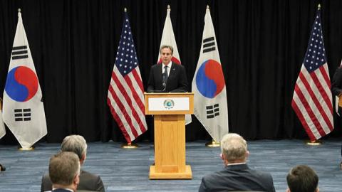 U.S. Secretary of State Antony Blinken (C) speaks during a joint press availability with South Korean Foreign Minister Chung Eui-yong (L) and Japanese Foreign Minister Yoshimasa Hayashi (R) on February 12, 2022. (Getty Images)