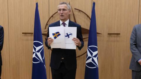 Finnish and Swedish ambassadors to NATO simultaneously handed in their official letters of application to join NATO on May 18, 2022. (Photo credit NATO)