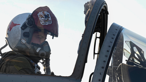 US Air Force Capt. Ross Kohler closes the canopy of an F-15 before take-off during Exercise Pitch Black 2022 at Royal Australian Air Force Base Darwin, Australia, on August 24, 2022. (US Air Force photo by Staff Sgt. Savannah L. Waters)