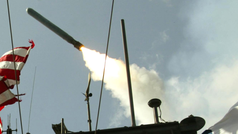 A Tomahawk cruise missile being launched from the USS San Jacinto March 25, 2003 in the Red Sea. (Greg Geisen/Getty Images)