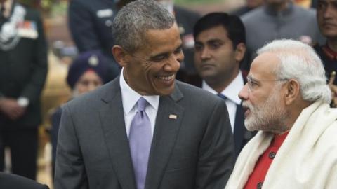 US President Barack Obama (C), Indian Prime Minister Narendra Modi (R) and Indian President Pranab Mukherjee (L) attend a reception at Rashtrapati Bhawan, the Presidential Palace, in New Delhi on January 26, 2015. (SAUL LOEB/AFP/Getty Images)