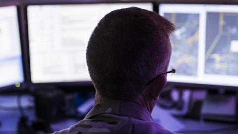 A soldier works in the NATO Combined Air Operations Centre on October 06, 2015 in Uedem, Germany. (Florian Gaertner/Photothek via Getty Images)