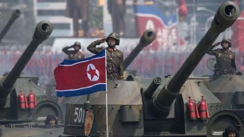 Korean People's Army (KPA) tanks are displayed during a military parade marking the 105th anniversary of the birth of late North Korean leader Kim Il-Sung in Pyongyang on April 15, 2017. (ED JONES/AFP/Getty Images)